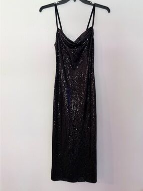 BeBe Black Sequin Slip Dress with Cowl Neck